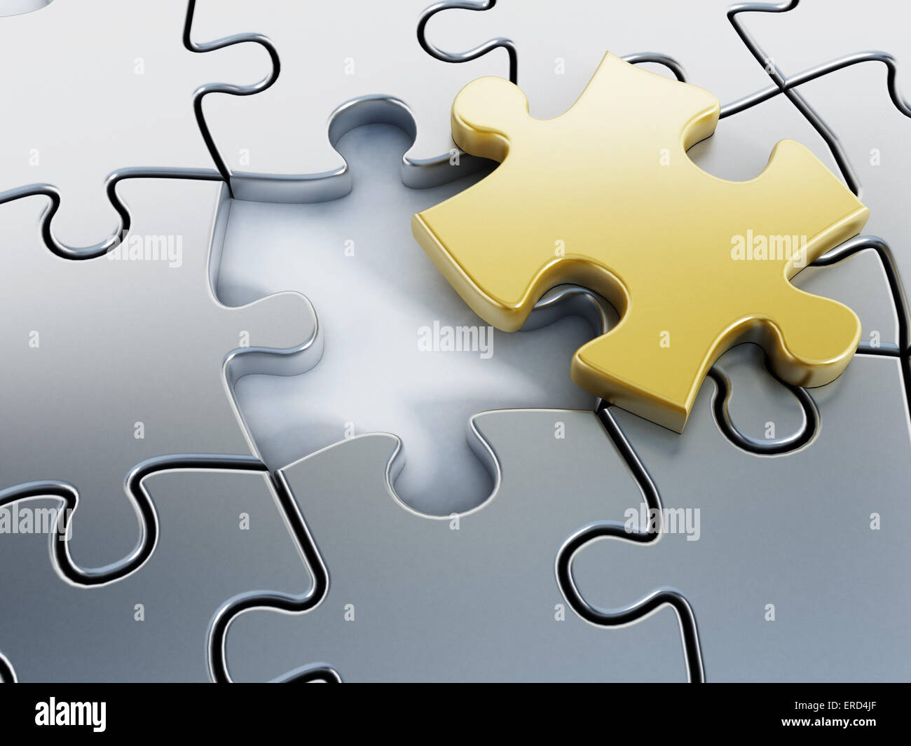Missing gold puzzle piece on puzzle parts. Stock Photo