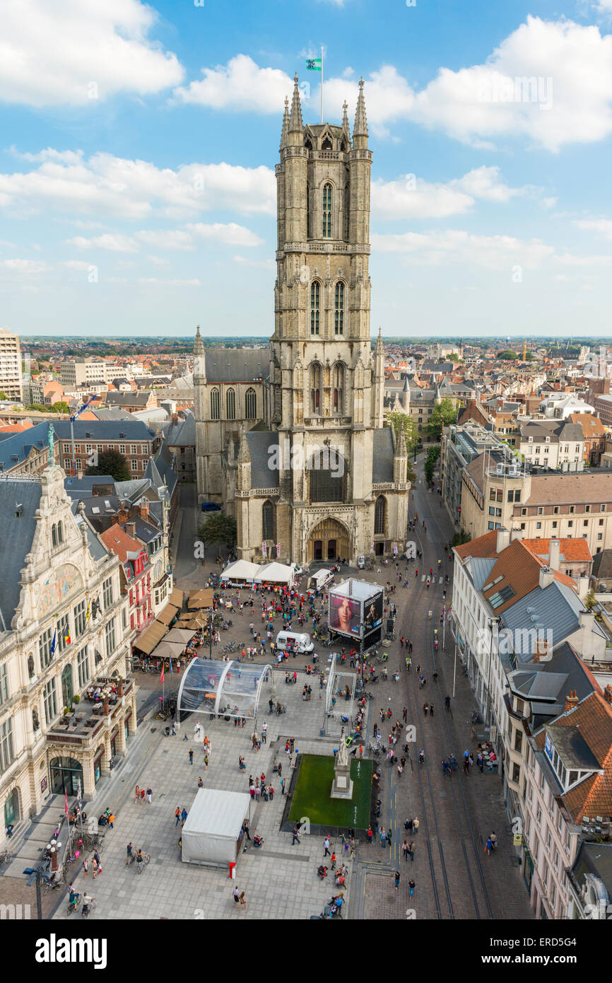 St. Bavo's Cathedral (Sint Baafskathedraal), seat of the diocese of Ghent, Belgium, seen from the Ghent Belfort. Stock Photo