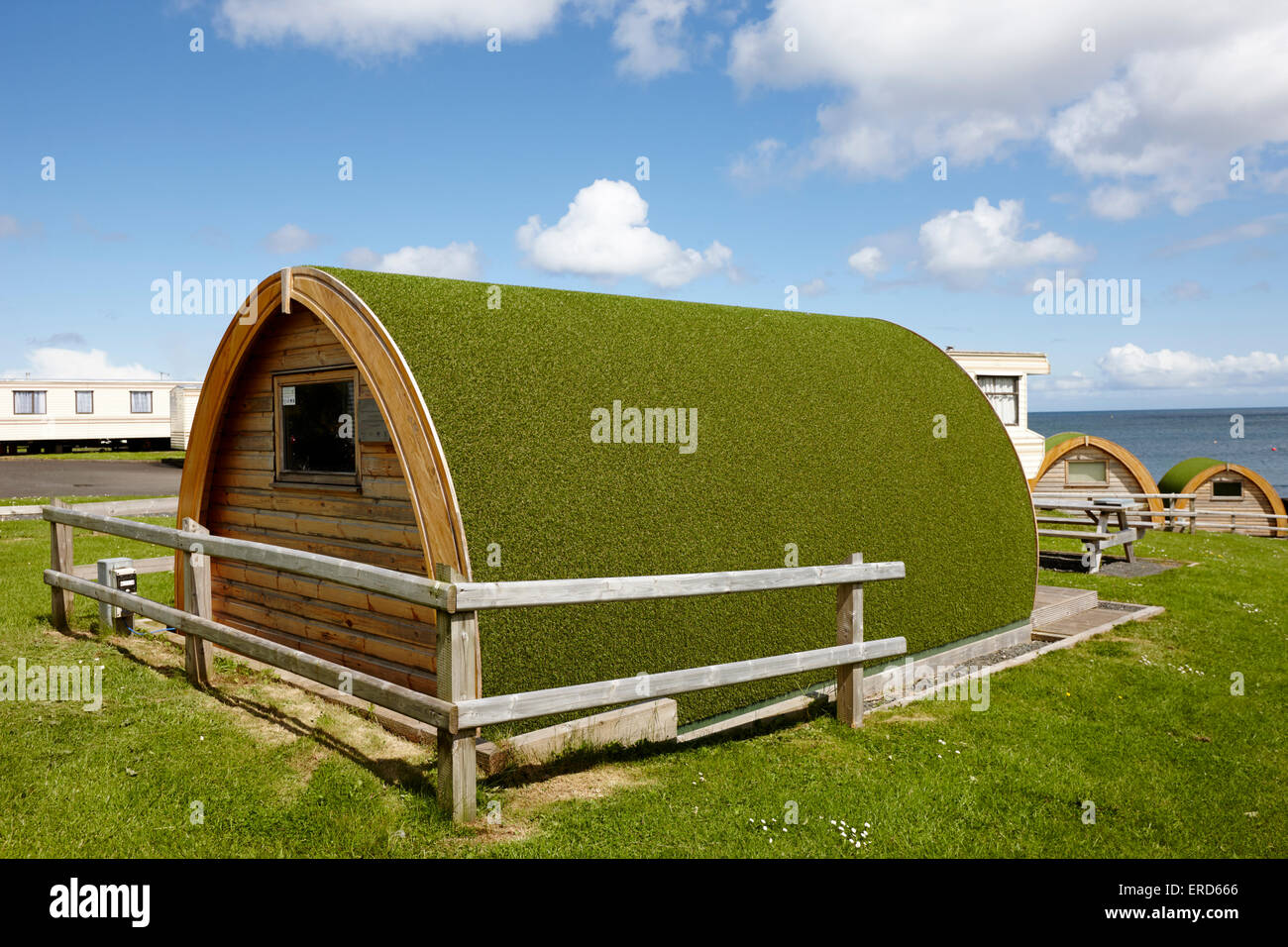 camping cabins Cushendall County Antrim Northern Ireland UK Stock Photo
