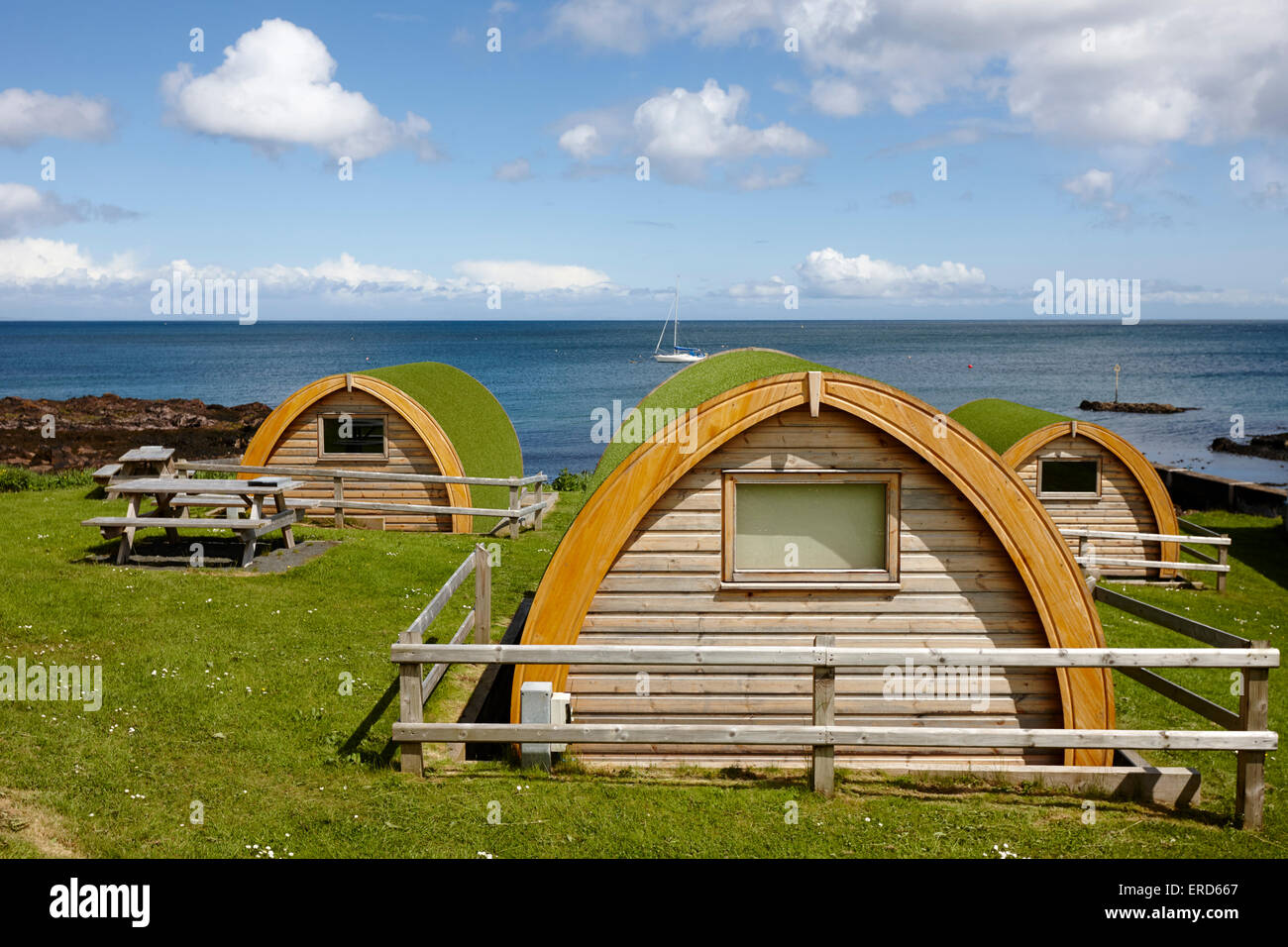 camping cabins Cushendall County Antrim Northern Ireland UK Stock Photo