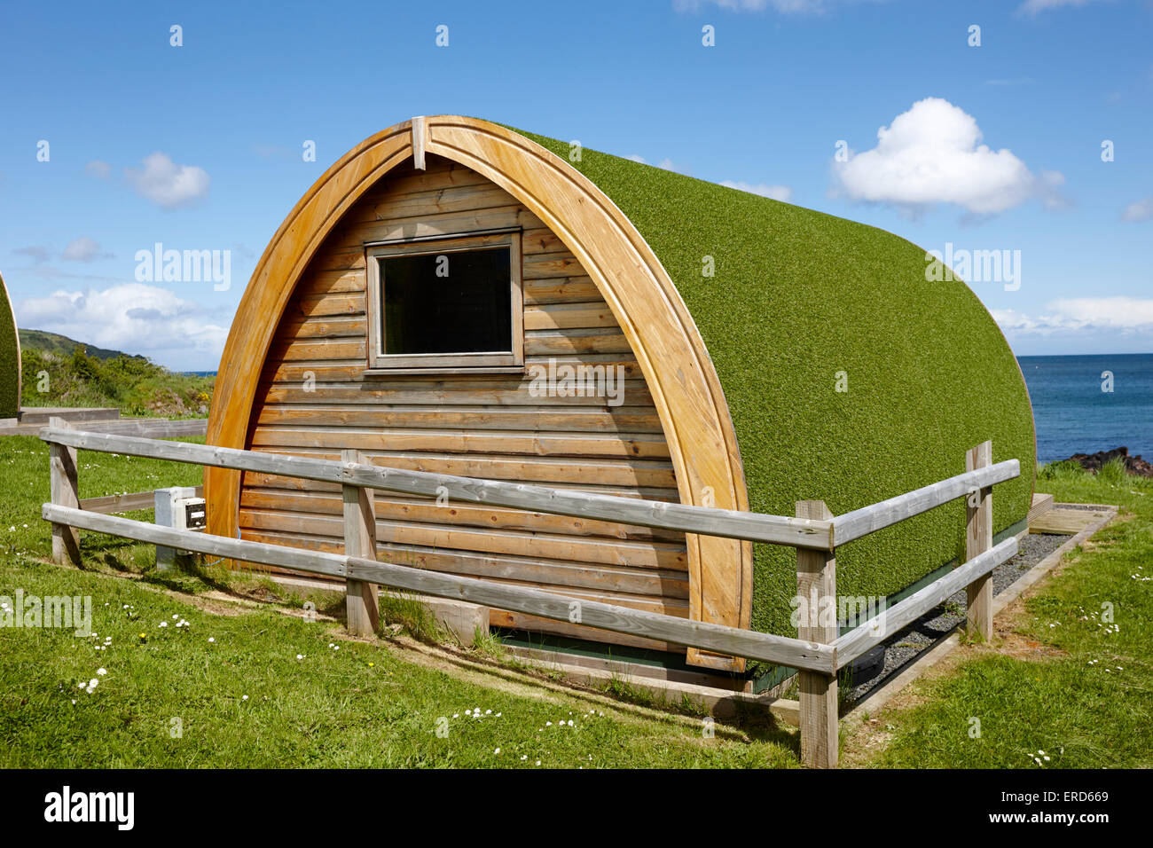 camping cabins Cushendall County Antrim Northern Ireland UK Stock Photo