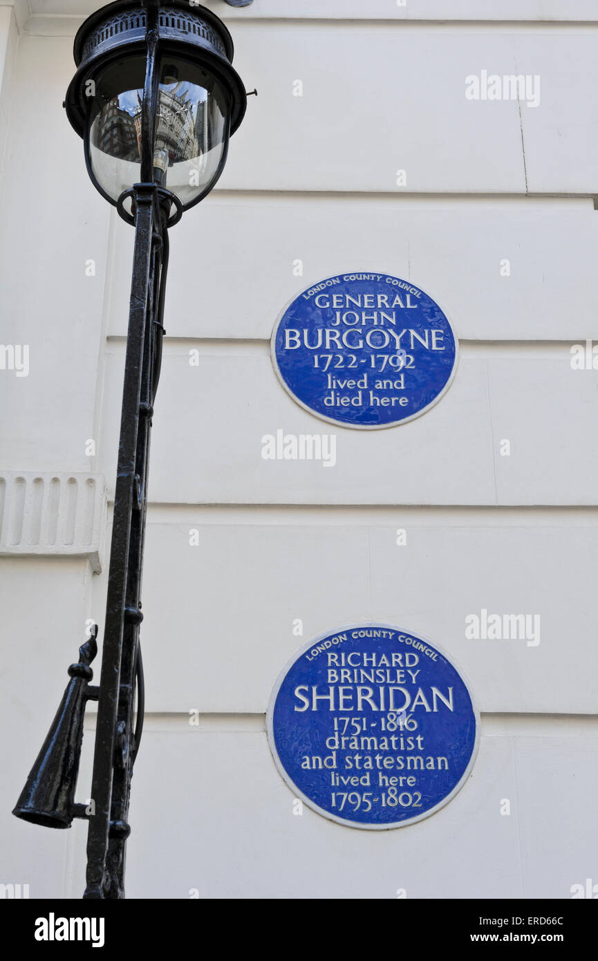Two blue commemorative plagues of General John Burgoyne (1722-1792) and Richard Sheridan (1751-1816) outside a house, London. Stock Photo