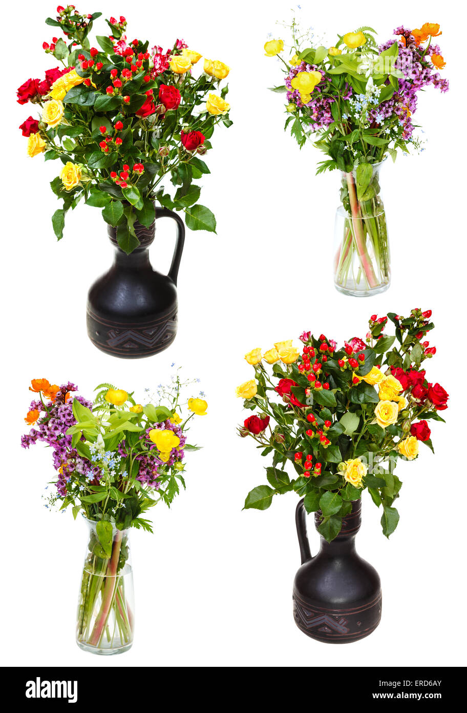 set of bunches of flowers in jugs on white background Stock Photo
