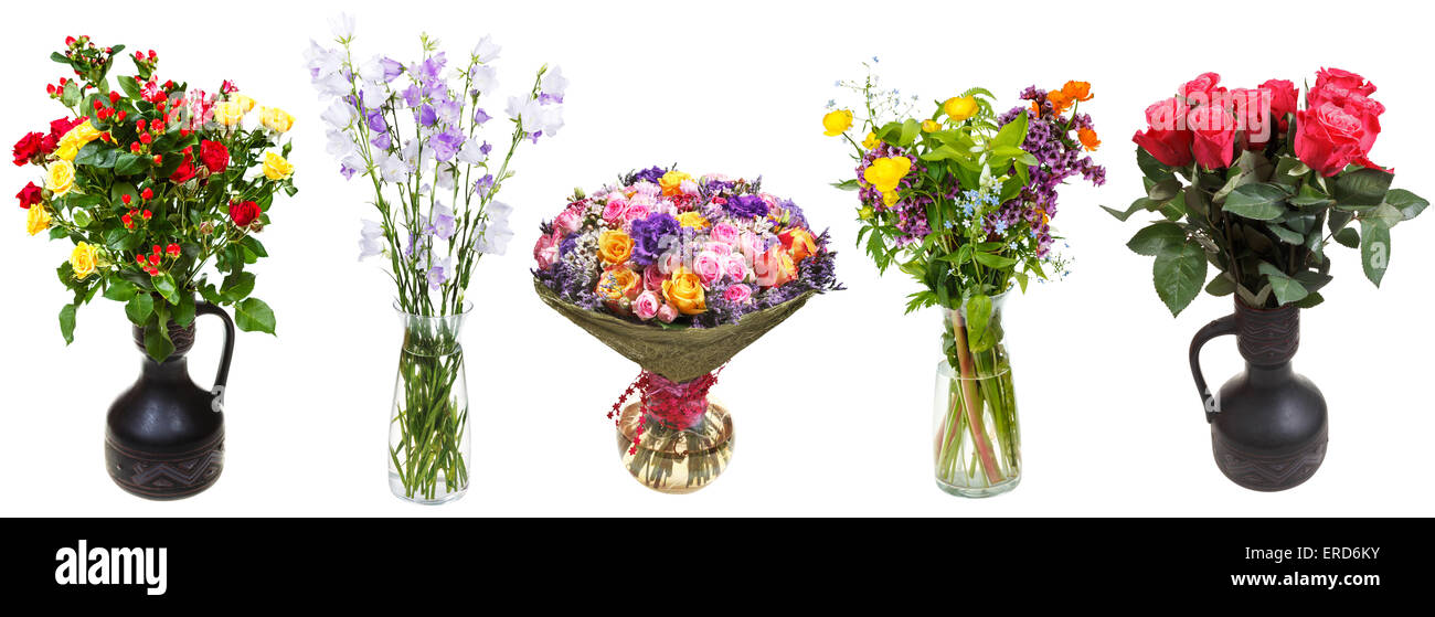 set of bunches of flowers in vases isolated on white background Stock Photo