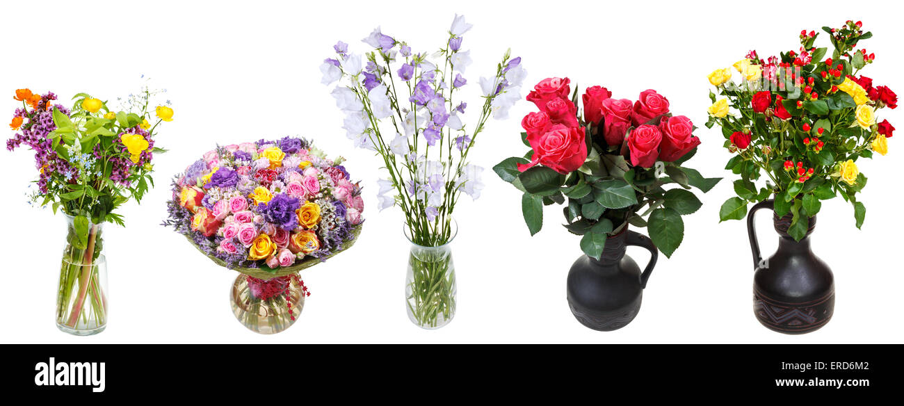 set of bouquets of flowers in vases isolated on white background Stock Photo
