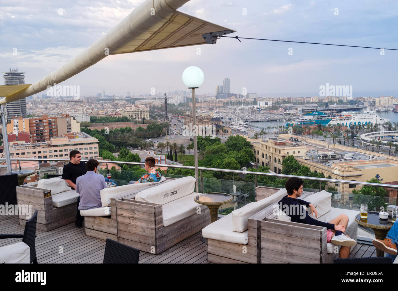 People at the panoramic terrace of Miramar restaurant, Montjuic, Barcelona, Spain Stock Photo