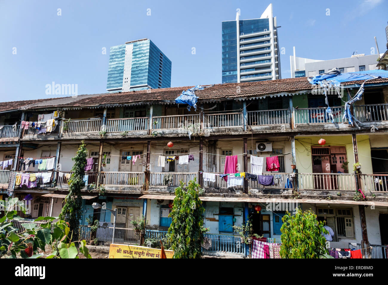 Mumbai India,Lower Parel,old,older,condominium residential apartment apartments building buildings housing,residences,balconies,hanging,laundry,clothe Stock Photo