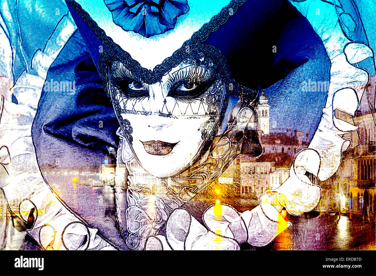 Stylized photo illustration of a woman in a mask and ruff on background ...