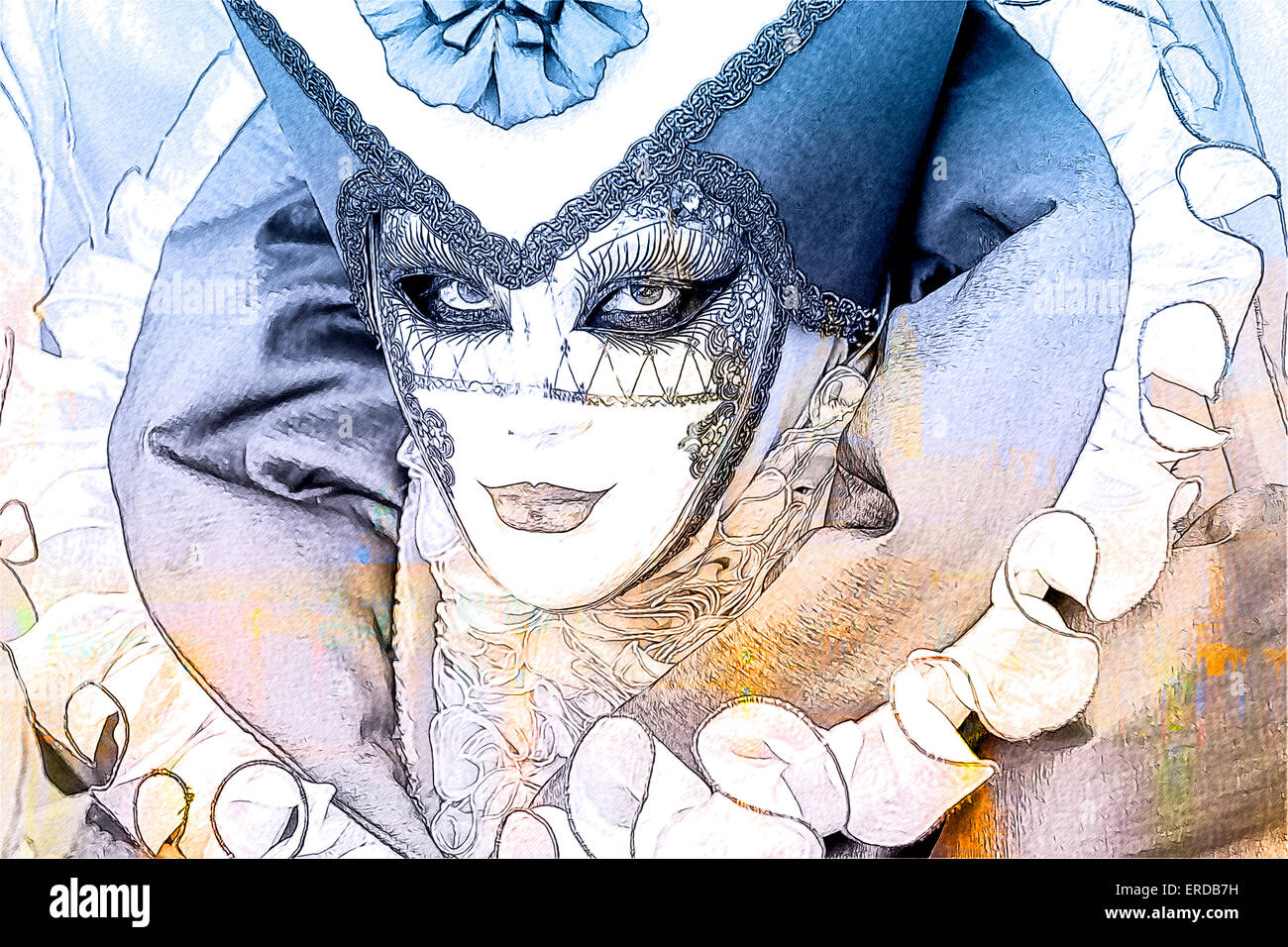 Stylized photo illustration of a woman in a mask and ruff on abstract ...