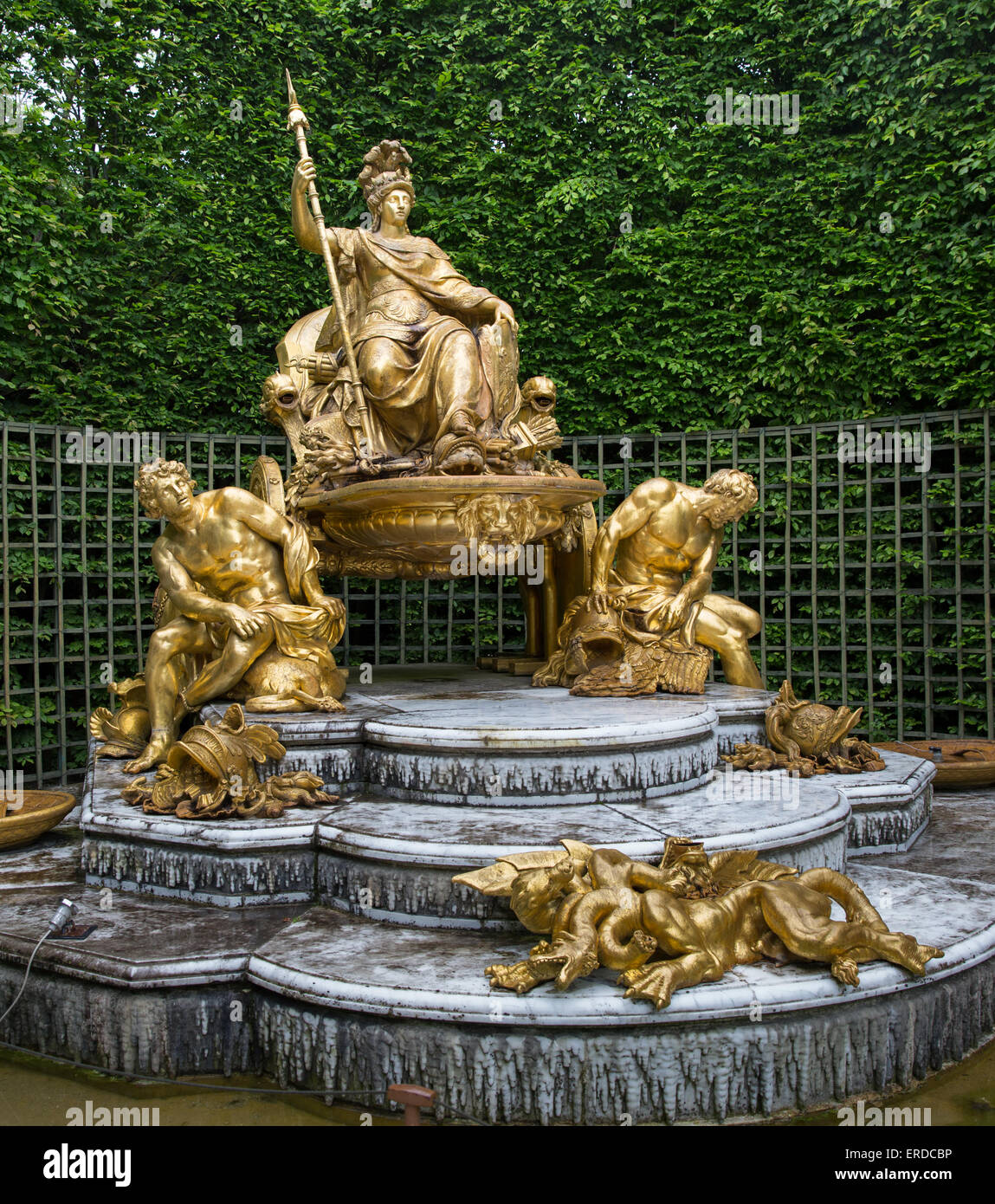 The 17th century fountain La France triomphante is the work of the sculptor Jean-Baptiste Tuby at the Château de Versailles Stock Photo