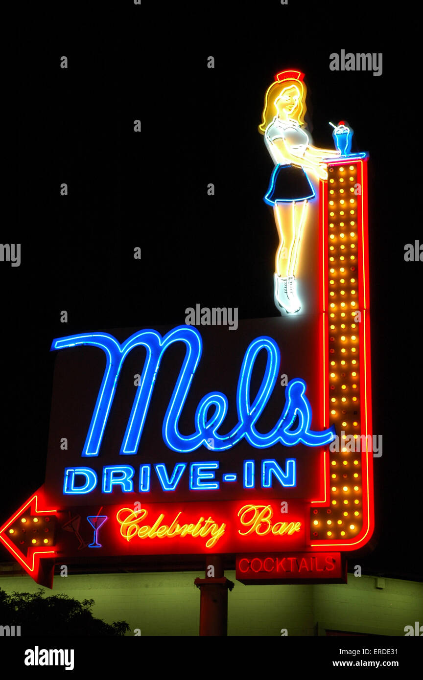 The neon signage of historic Mel's Drivein in Los Angeles California