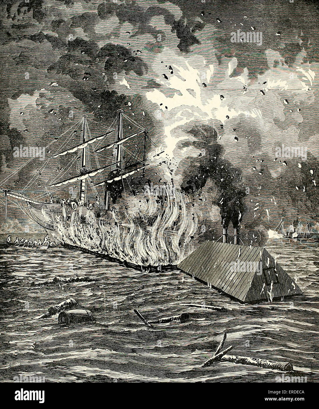 The USS Hartford on Fire, prior to the Battle of New Orleans, USA Civil War 1862 Stock Photo