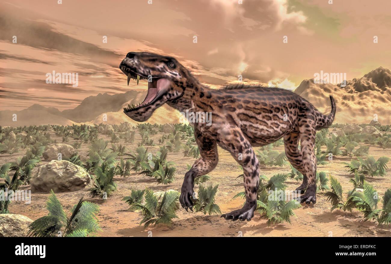 Lycaenops dinosaur roaring in the desert. Stock Photo