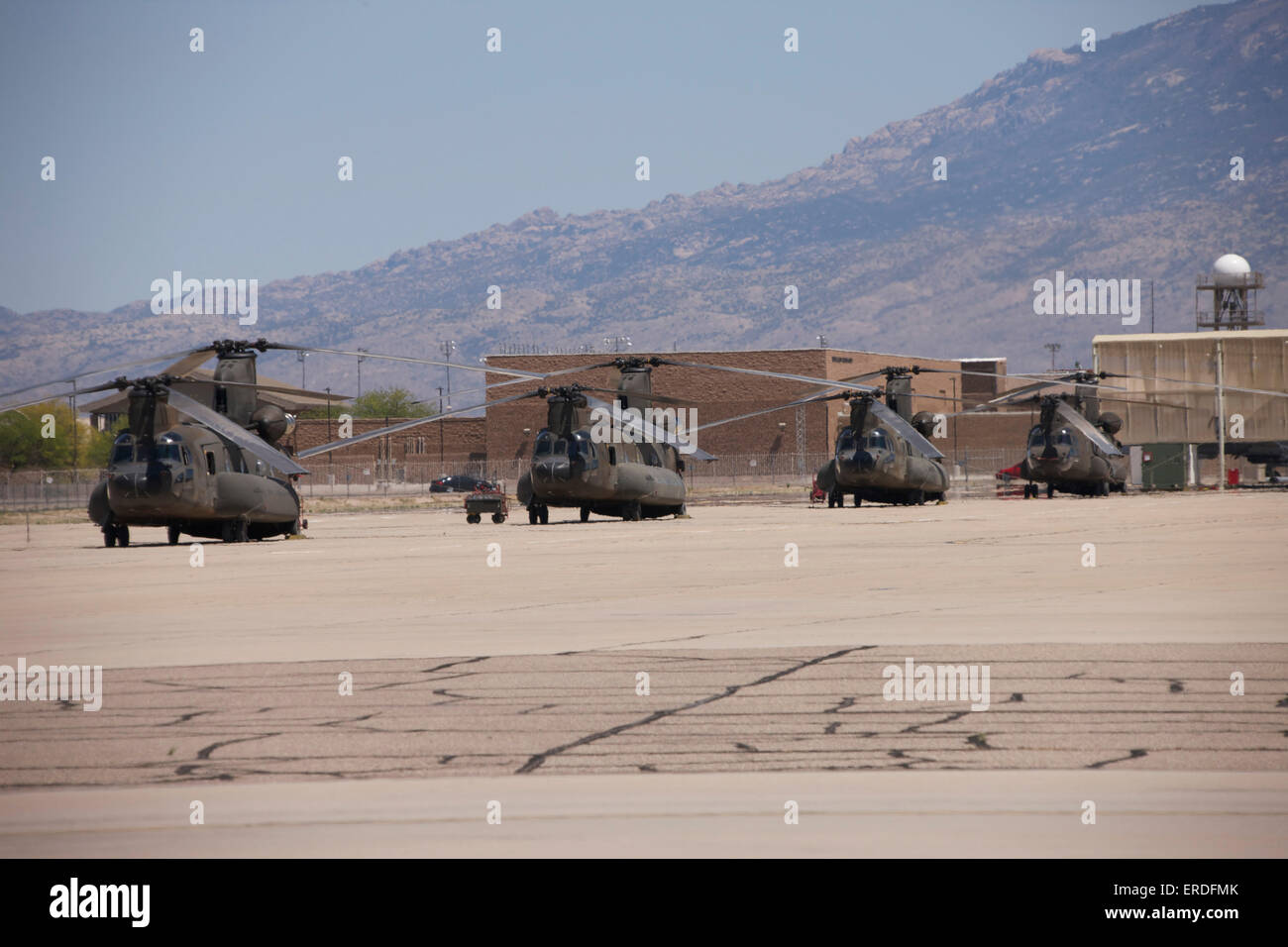 CH-47 Chinook helicopter on the flight line at Davis-Monthan Air Base during exercise Angel Thunder 2013. Stock Photo