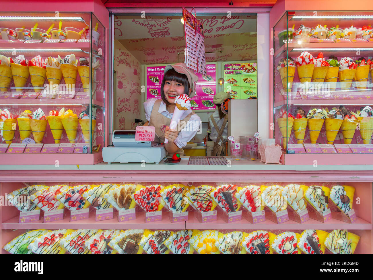 Crape and ice cream vendor at Harajuku's Takeshita street, known for it's  Colorful shops and Punk Manga - Anime overall look Stock Photo - Alamy