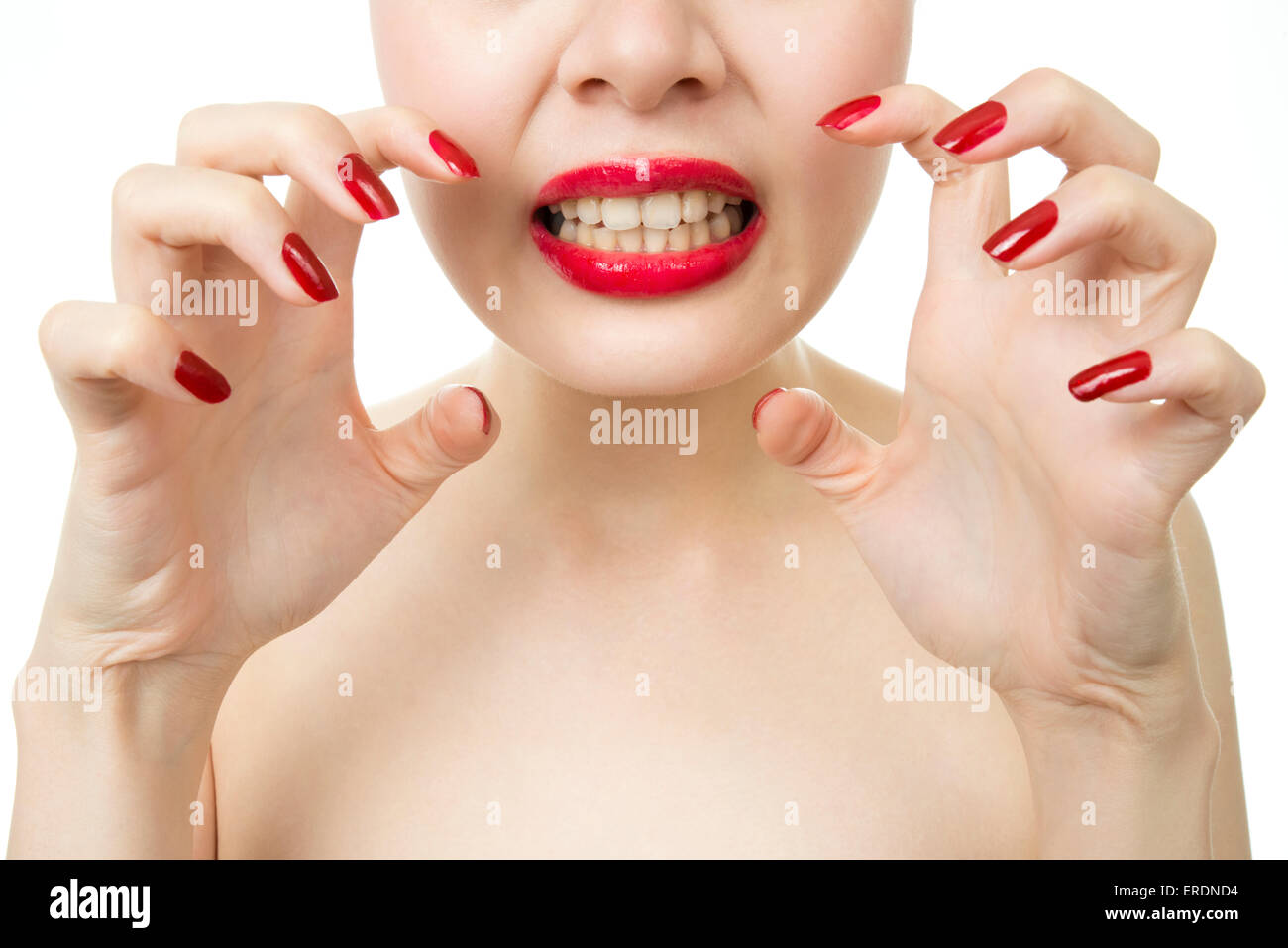 crazy Berserk Woman hand red lips mouth open Stock Photo