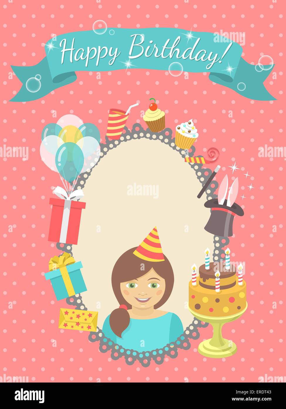 modern flat birthday card with happy girl gifts balloons