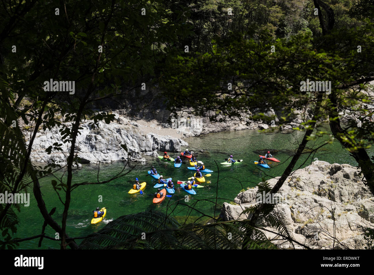Kayaking on the Pelorus river in New Zealand. Stock Photo