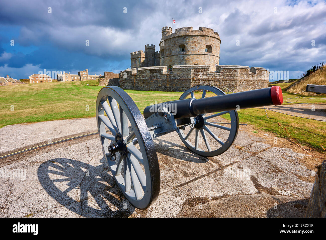 Cannon in front of Pendennis Castle Device Fort built in 1539 for Henry VIII, near Falmouth, Cornwall, England, United Kingdom Stock Photo
