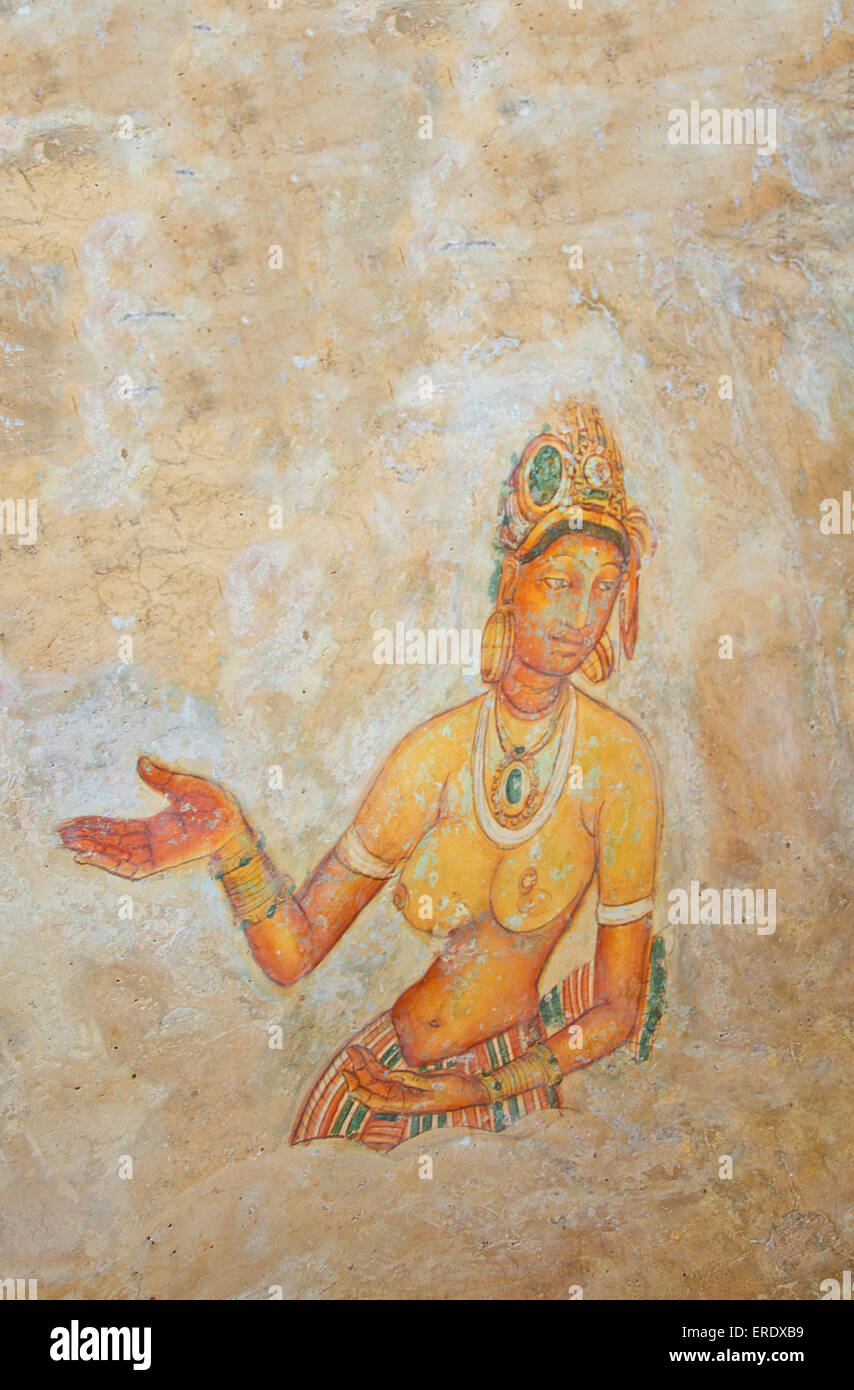 Sigiriya Rock Cave Wall Paintings, Sri Lanka Stock Photo