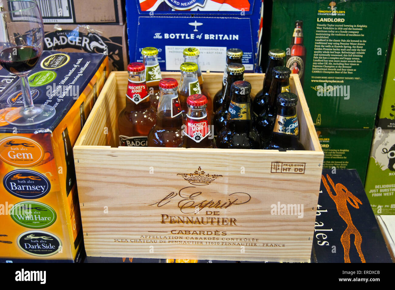 Cases of beer and bottles in a Cabardès wine case at a Majestic wine warehouse, Wanstead, London Stock Photo