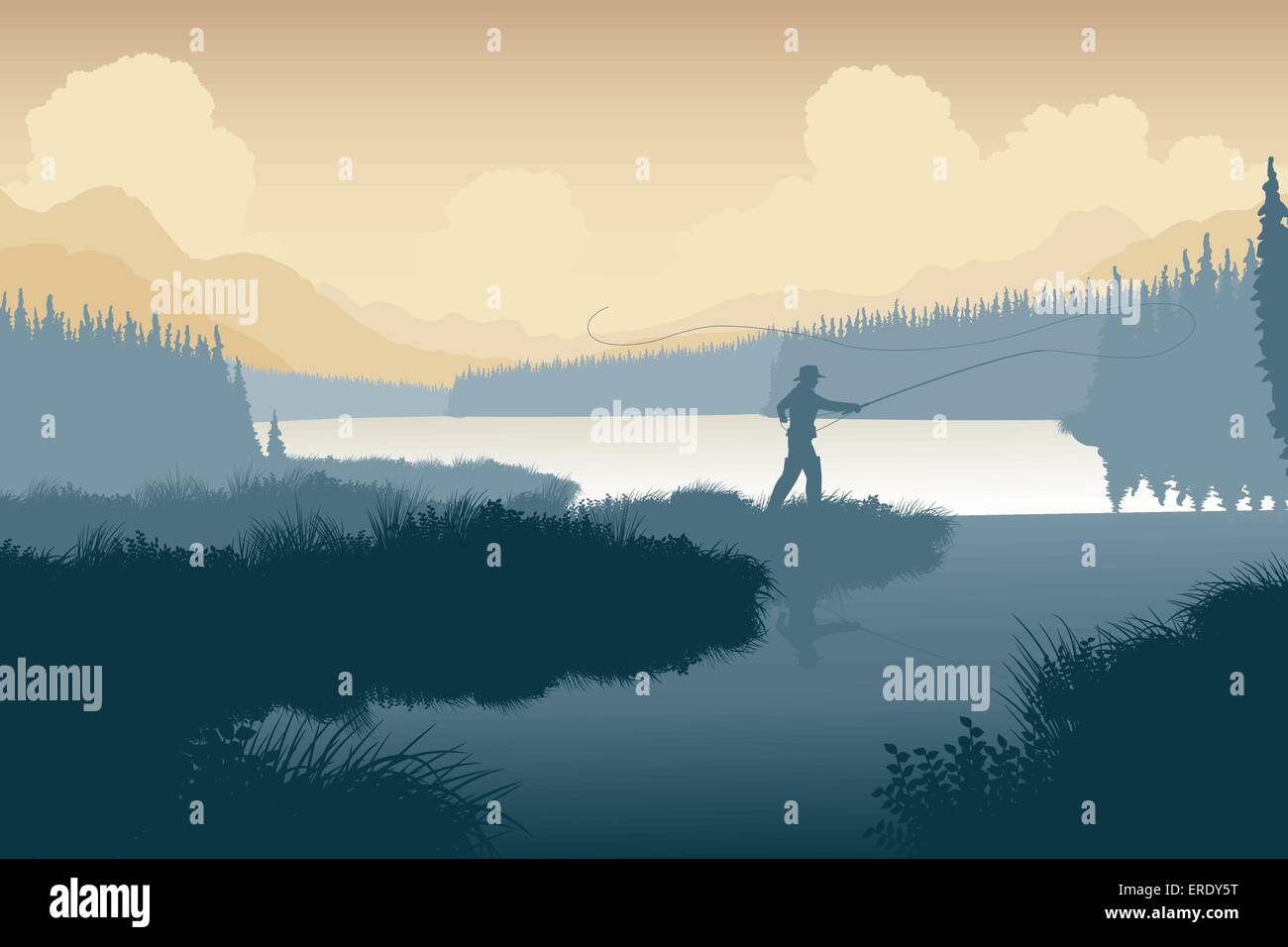 EPS8 editable vector illustration of an angler in a wild landscape with the man as a separate object Stock Vector