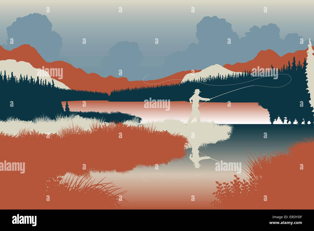 EPS8 editable vector illustration of an angler in a wild landscape with the man as a separate object Stock Vector