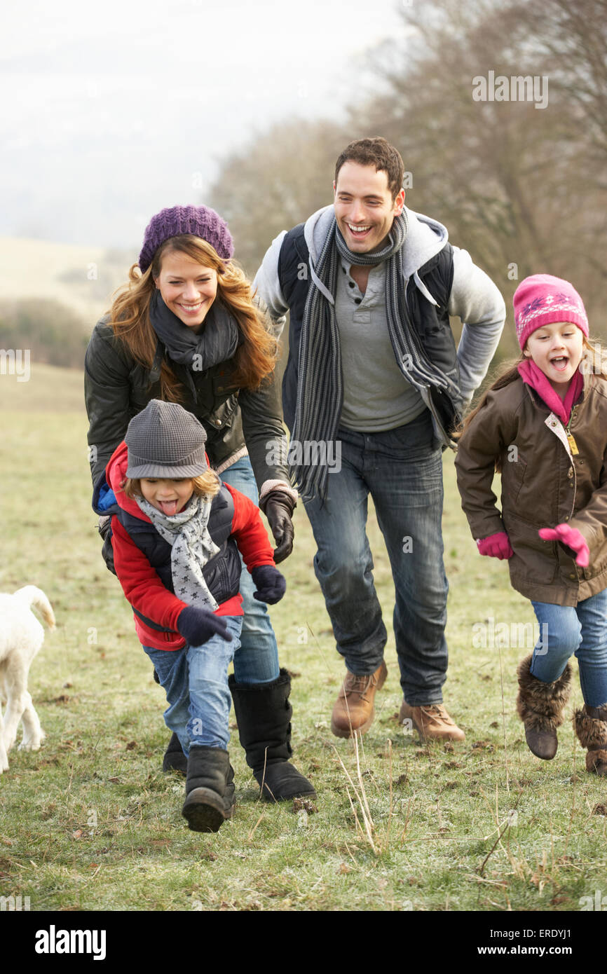 Family having fun in the country in winter Stock Photo