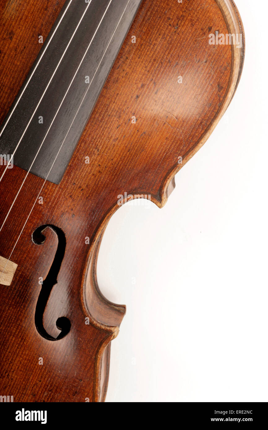 Violin, close up of instrument detail showing the f hole and strings