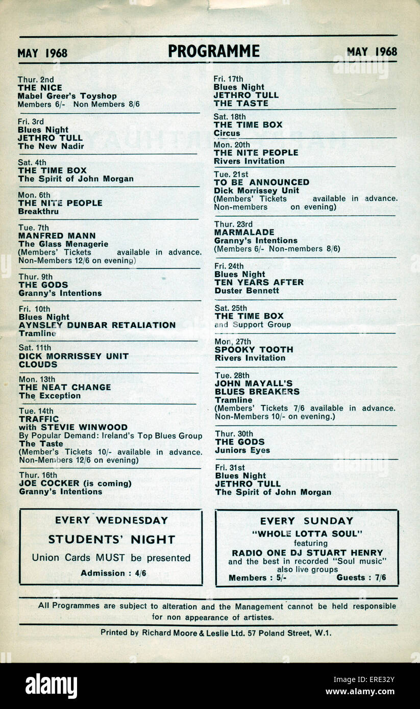 Reverse side of monthly leaflet published by the legendary Marquee Club in Wardour St, London, giving the programme for May 1968 Stock Photo