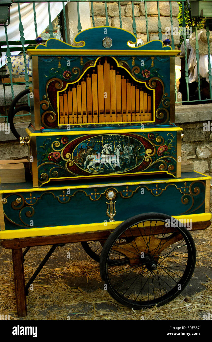 Barrel organ pictured in a street in Southern France during a village fête Stock Photo Alamy