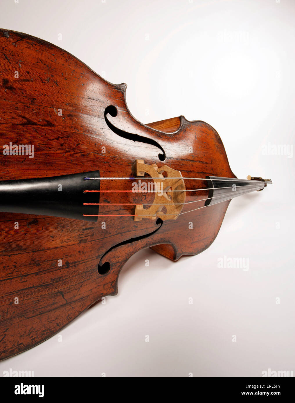 Detail shot of a Double Bass showing strings, bridge and fingerboard