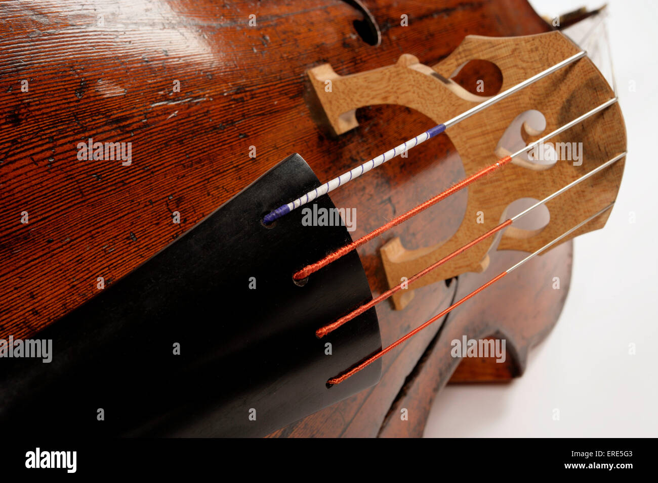 Detail shot of a Double Bass showing strings, bridge and fingerboard