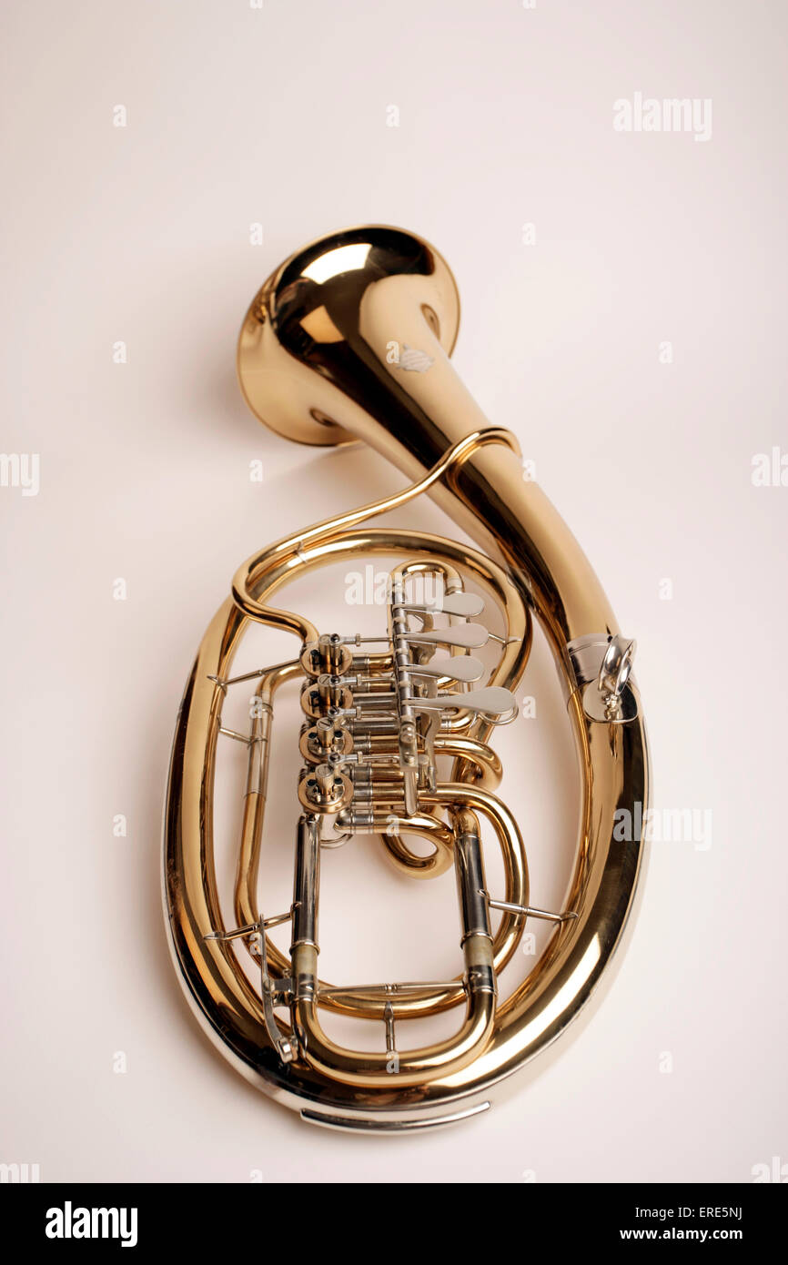 Wagner Tuba, valved brass instrument with conical bore. Waldhorntuba. Ringtuba. First used in 'The Ring' by Wagner Stock Photo