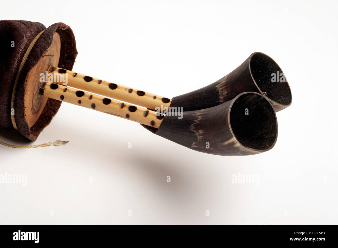 Double chanter and cowhorns on a set of Arabic bagpipes. Traditional played by a sheperd or goat herder.Mizwad. Mazawid. Stock Photo