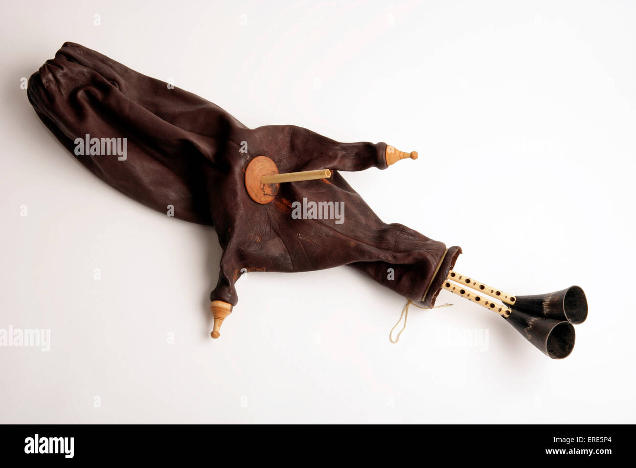 Double chanter and cowhorns on a set of Arabic bagpipes. Traditional