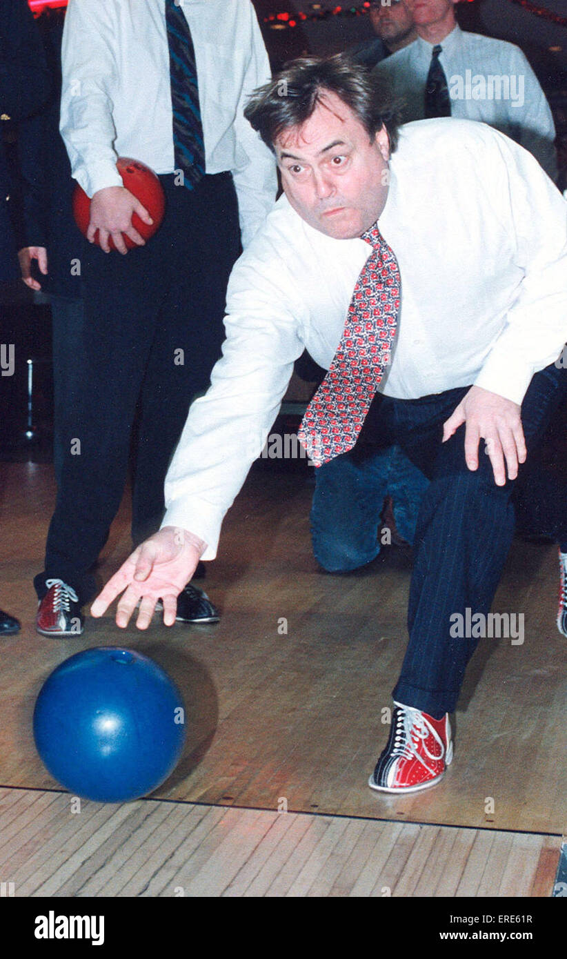 John Prescott gets down to a game of ten pin bowling while visiting the