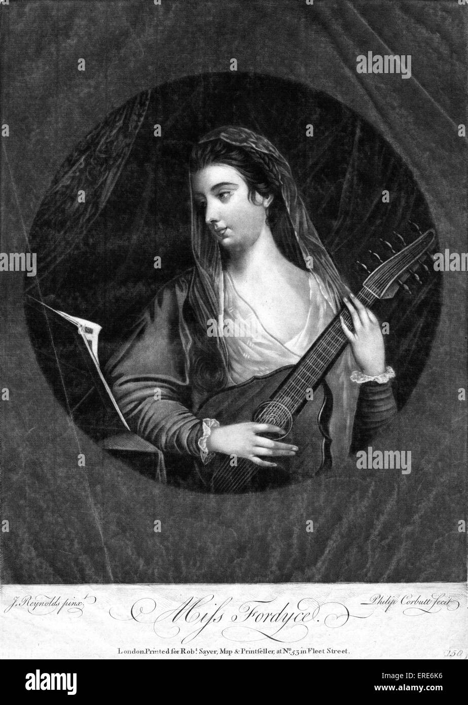 Miss Fordyce playing a five-course cittern with metal frets.  Mezzotint.    Engraving by Philip Corbutt of painting by J. Stock Photo