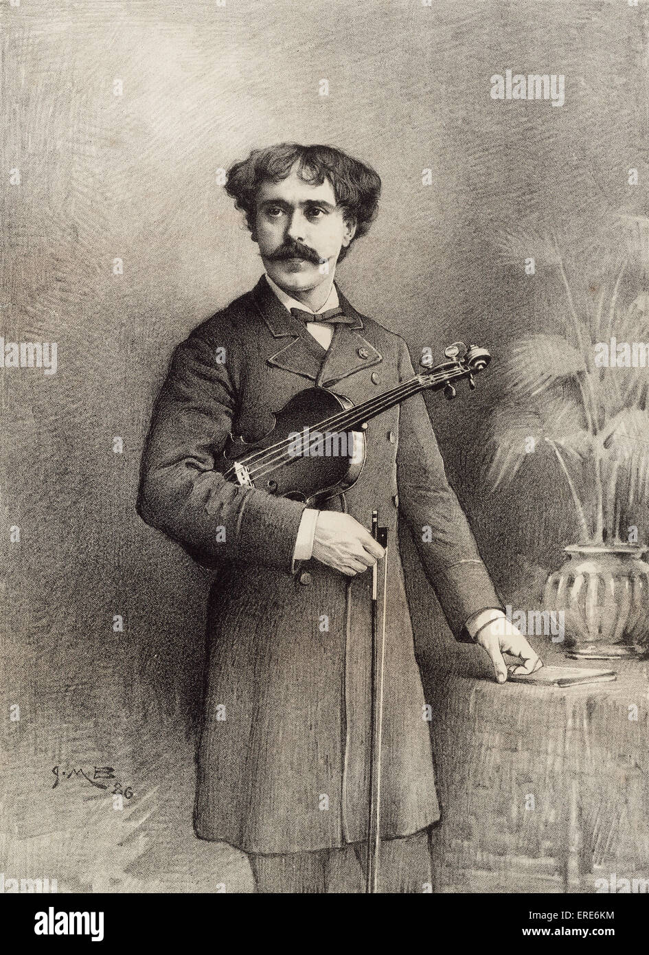 Pablo Sarasate holding his violin and bow. Lithograph, autographed