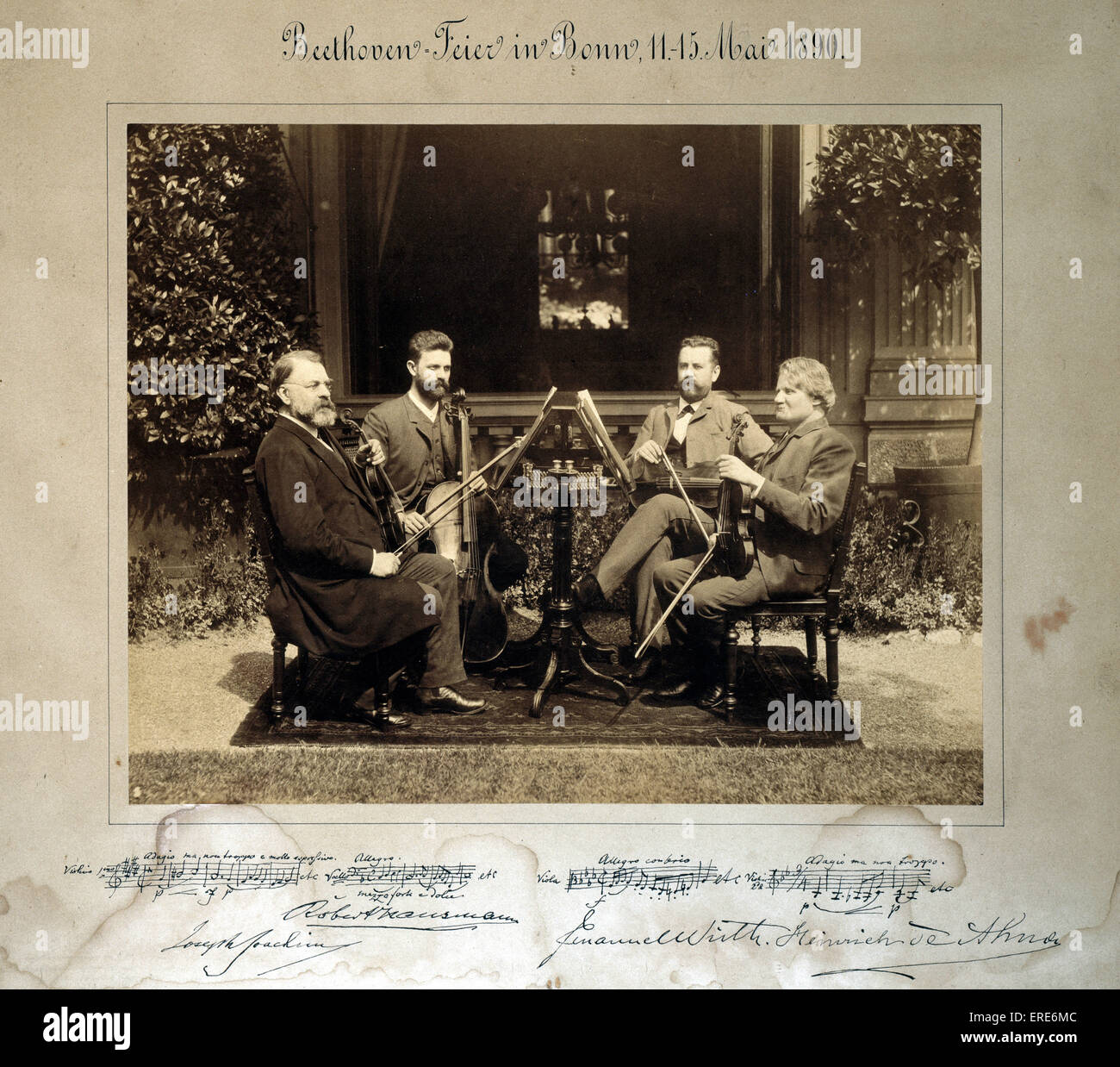 Portrait of the Joachim Quartet.  Beethoven Feier in Bonn, 11-15 Mai 1890.  Sepia photograph, with musical quotations and Stock Photo