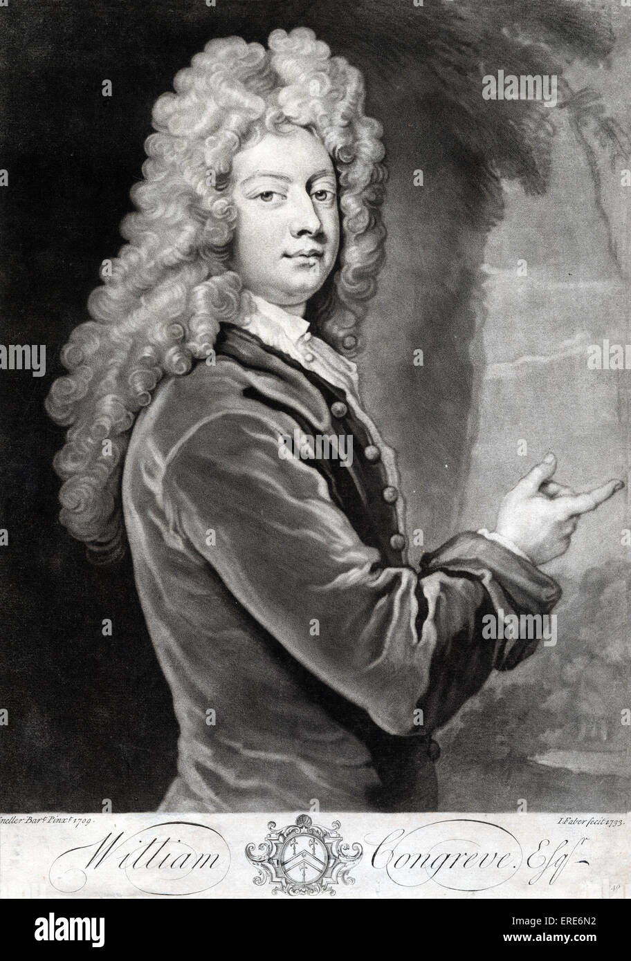William Congreve 1733. Mezzotint. Painting by J. Faber Kneller, Bart. pinx, 1709. English playwright and poet, 24 January 1670 - 19 January 1729. Stock Photo