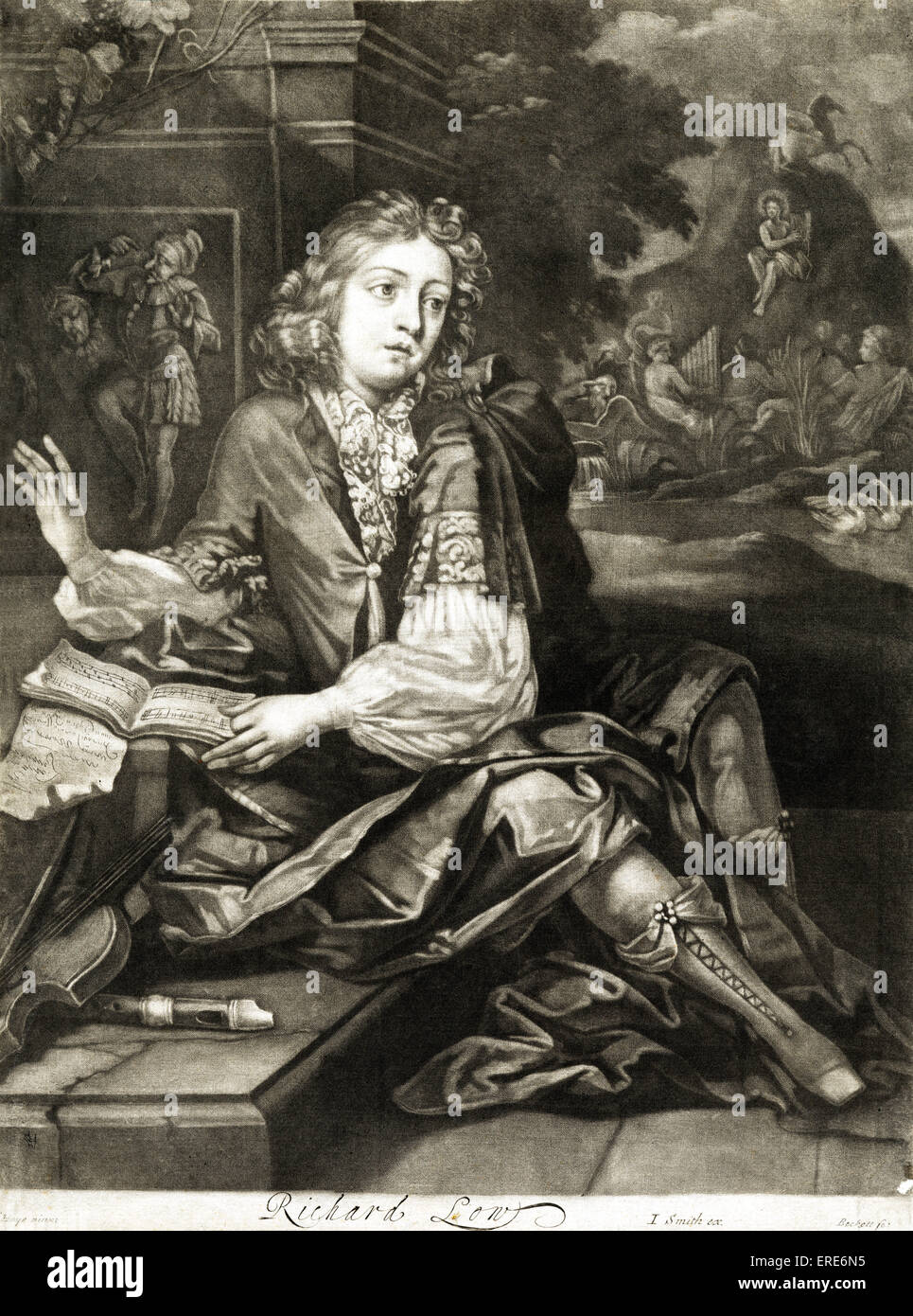 Richard Low with a music book, violin and recorder.   Mezzotint, 17th century. English, allegorical. Stock Photo