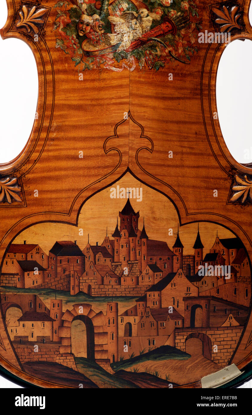 Detail of the inlay on the back of a violin. Violin made by either Vuillaume or Derazey. Stock Photo