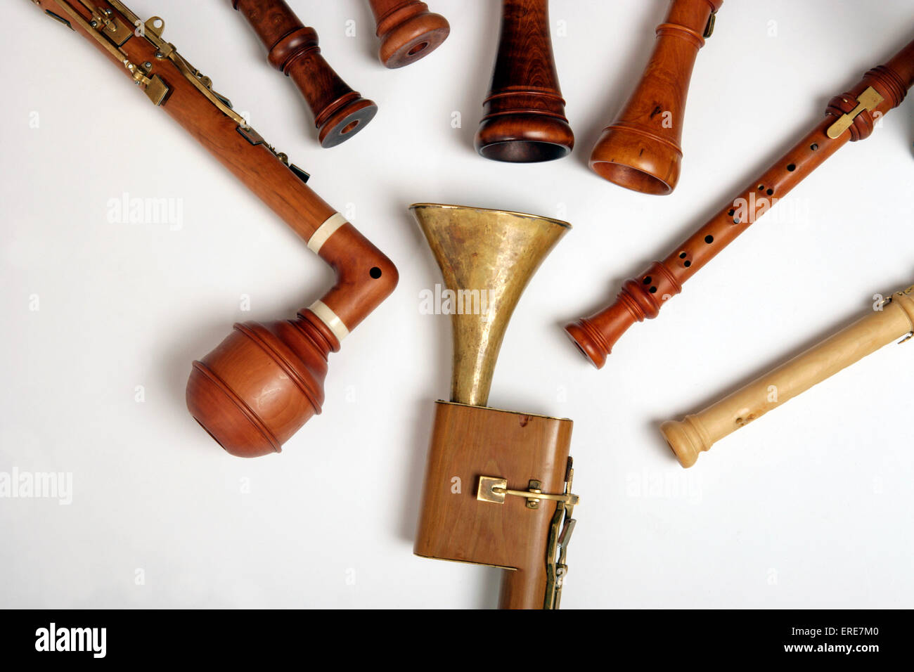 Collection of baroque and classical period woodwind instruments. Basset,  horn, basset clarinet, period clarinets, chalumeau Stock Photo - Alamy