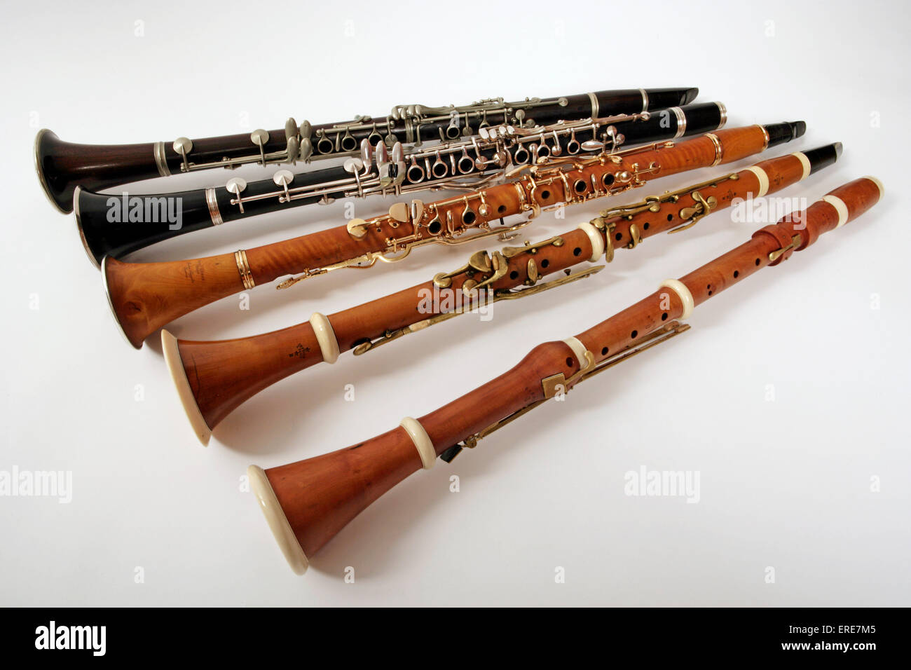 Collection of early music clarinets, from baroque, classical, romantic periods. Stock Photo