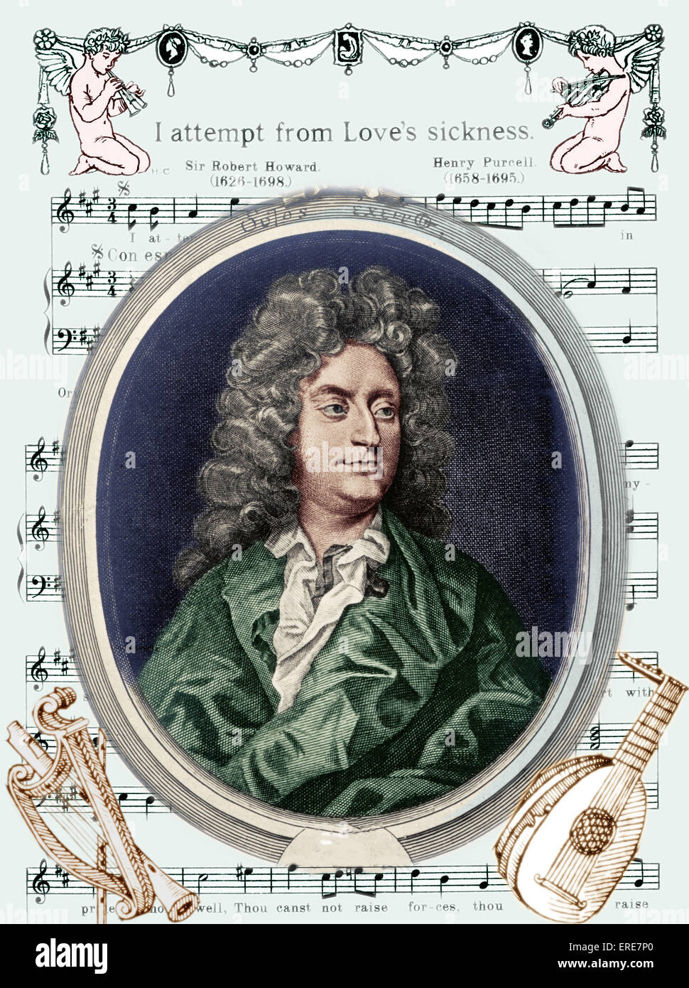 Henry Purcell collage. Portrait against score backdrop ' I attempt from Love's Sickness' - first page of score. Words by Sir Robert Howard (1626-1698). With angels playing instruments. Song begins 'I attempt from Love's sickness to fly in vain'. From 'The Indian Queen'. Purcell: English composer, c.1659 - 21 November 1695. Stock Photo