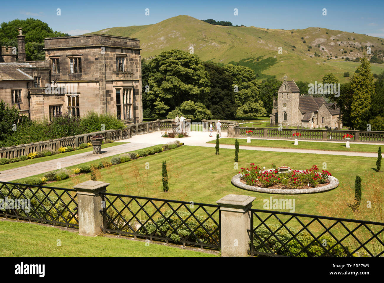 UK, England, Staffordshire, Ilam Hall, church and Bunster Hill from the Italian Gardens Stock Photo