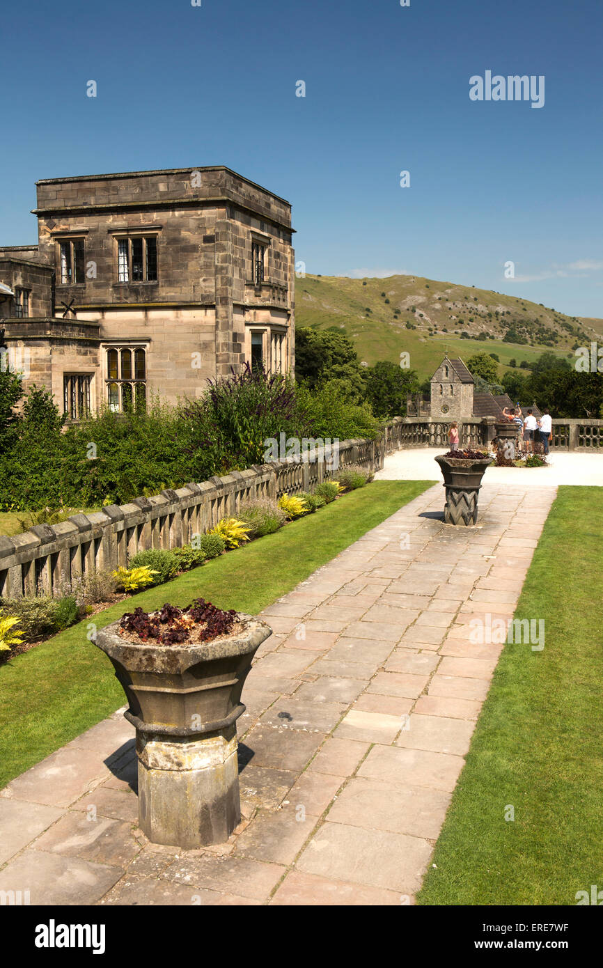UK, England, Staffordshire, Ilam Hall, church and Bunster Hill from the Italian Gardens Stock Photo