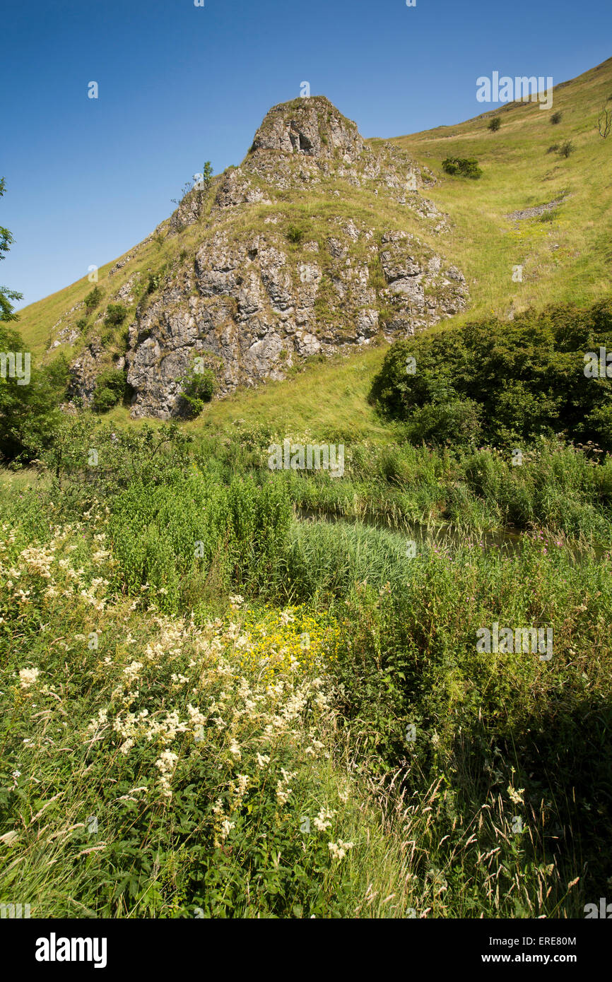 UK, England, Staffordshire, Dovedale, River Dove flowing below rocky outcrop on Baley Hill Stock Photo
