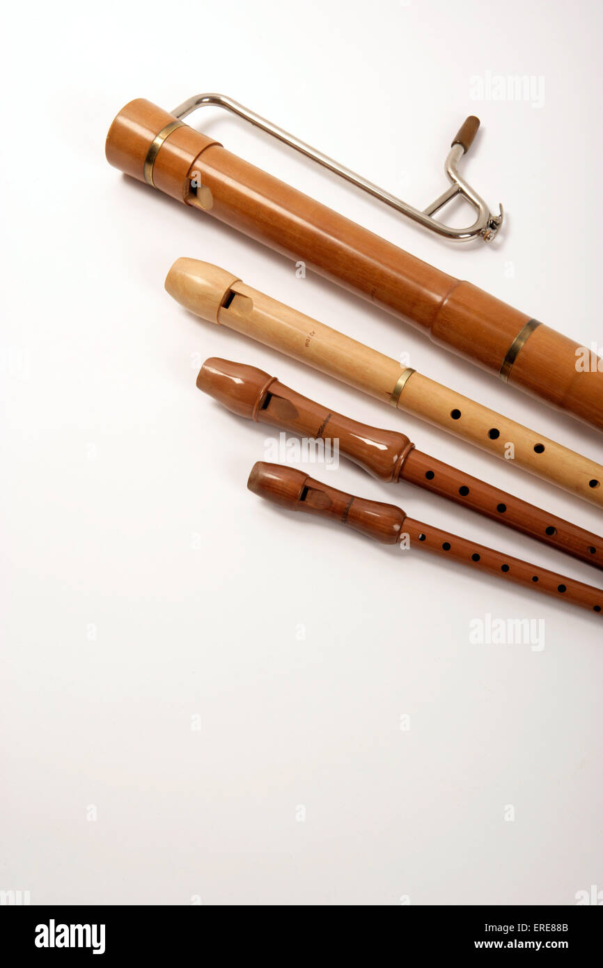 Set of wooden recorders, Descant, Alto, Tenor and Bass Stock Photo Alamy